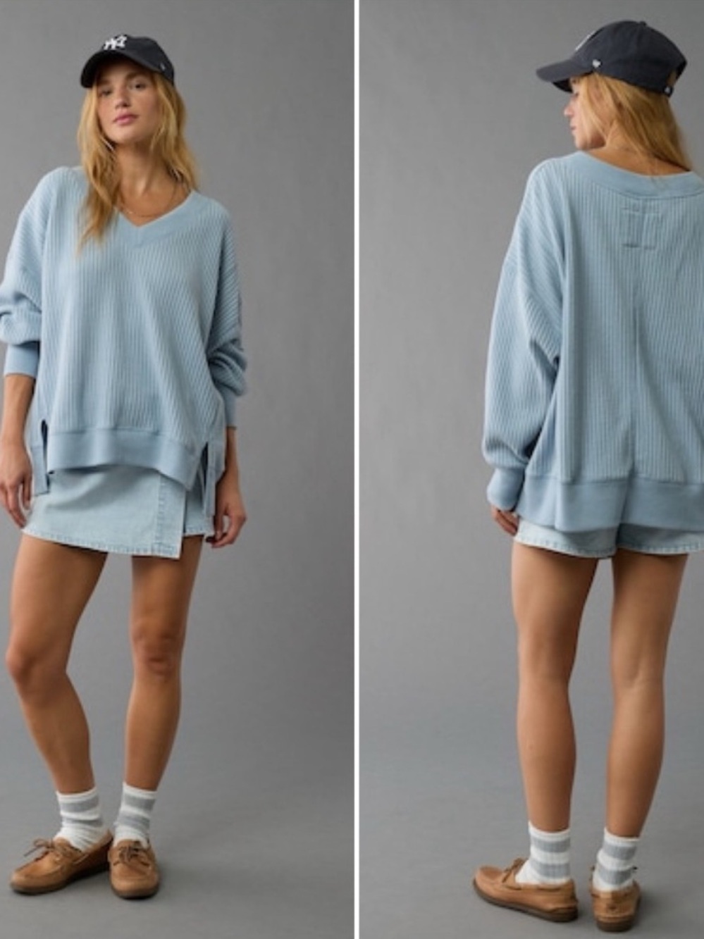 American Eagle Big Hug V-Neck Waffle Sweatshirt in Light Blue Size Medium